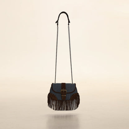 Twill Denim Suede Tassel Crossbody Bag