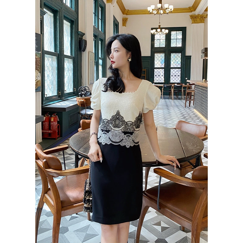 Milk Coffee Lace Patch Mid-Length Dress