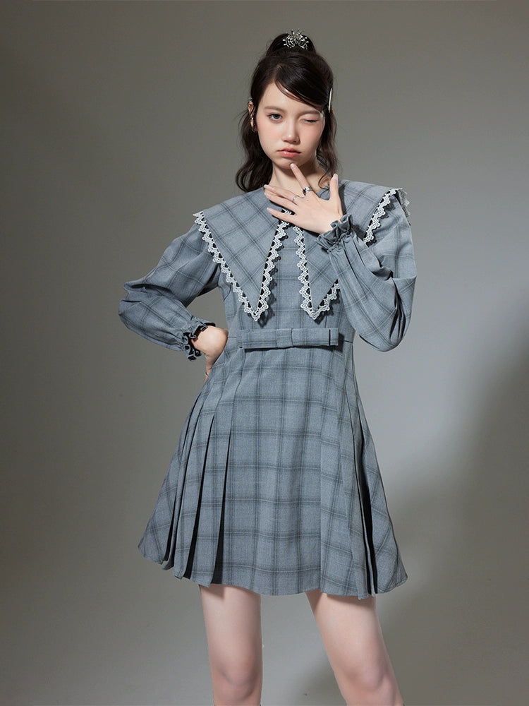 Pleated Plaid - Large Lapel Dress