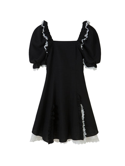 Square Neck - Bubble Sleeve Black Dress