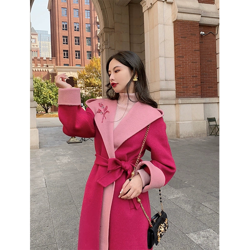 Pink and Dark Wool Bead Double-Faced Overcoat
