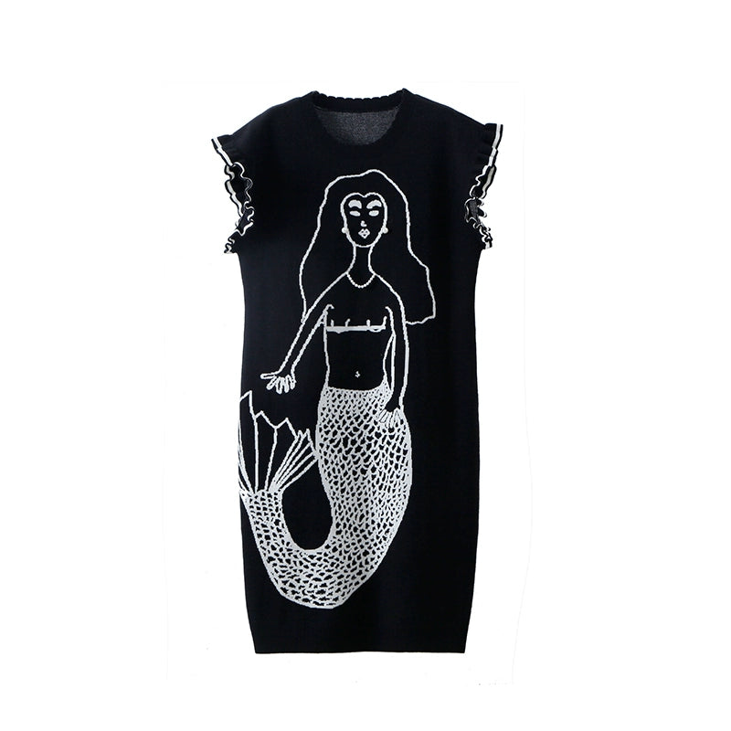 Original niche design with ears, small flying sleeves, earrings, mermaid knit tank top dress from the sea