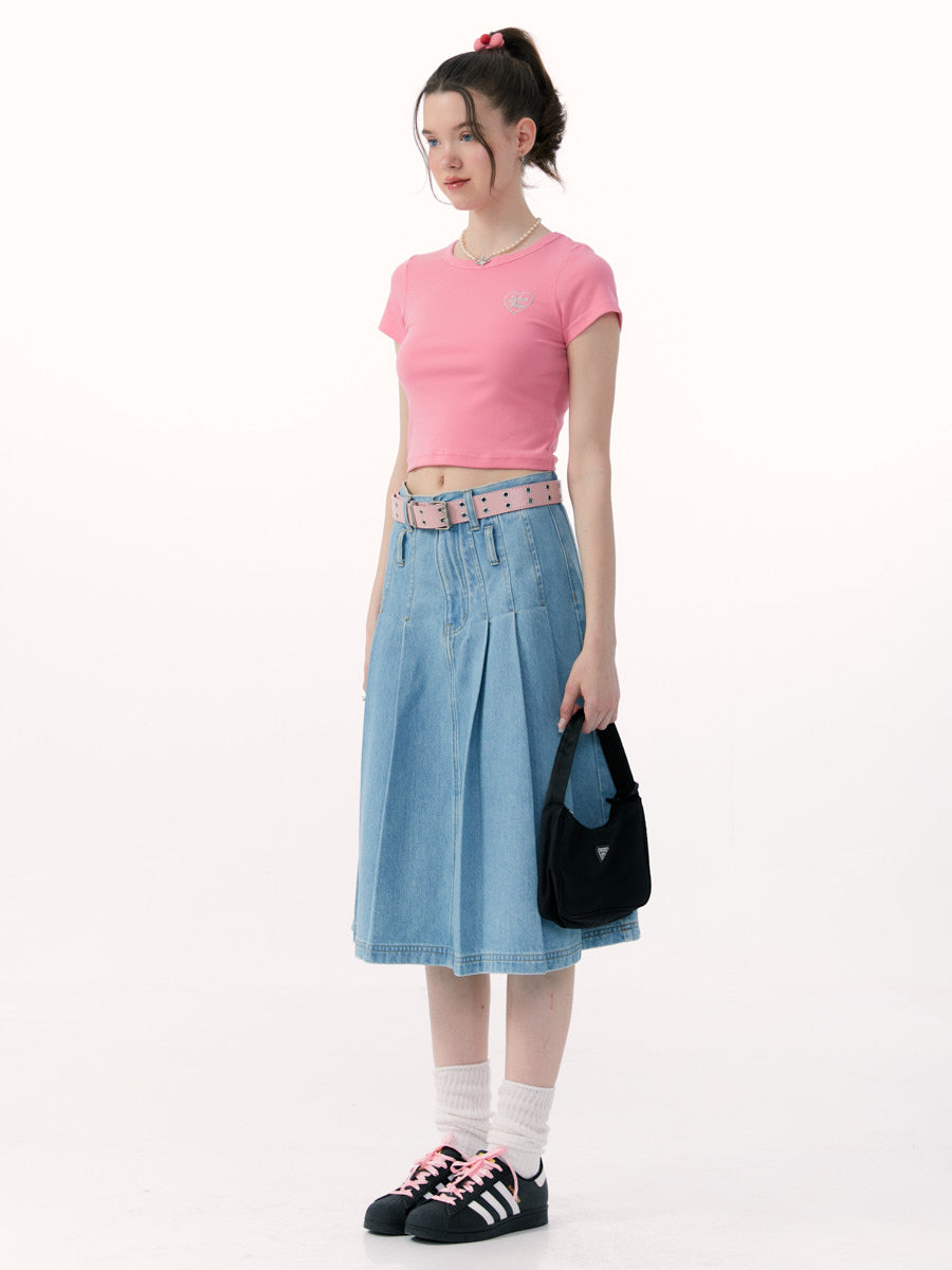 Vintage High Waist Denim Pleated Skirt