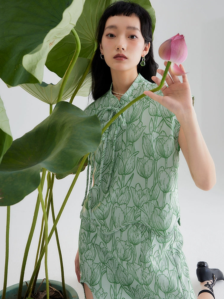 Green Tulip Chinese Sleeveless Top