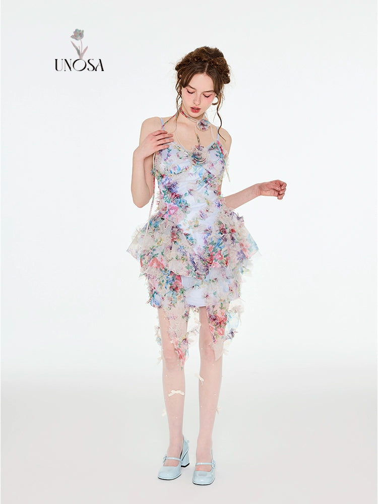 Original Design: 'Floating Light & Sweeping Shadow' 3D Ruffle Oil Painting Strap Dress