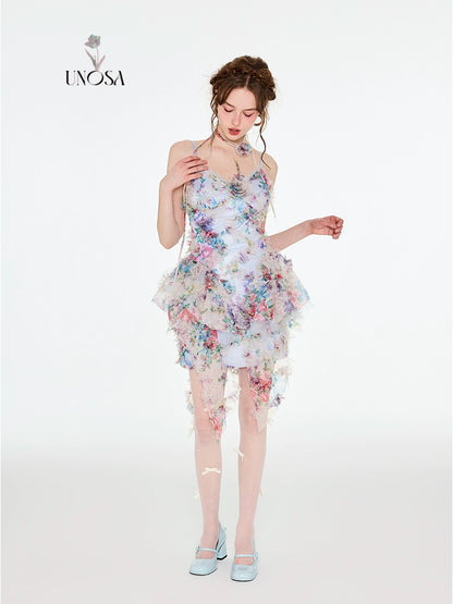 Original Design: 'Floating Light & Sweeping Shadow' 3D Ruffle Oil Painting Strap Dress