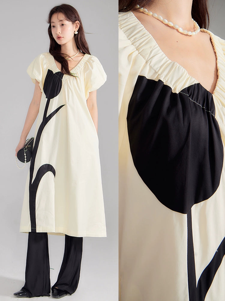 Original design by Ear UARE cheese cream tulip contrasting floral French V-neck loose fitting dress