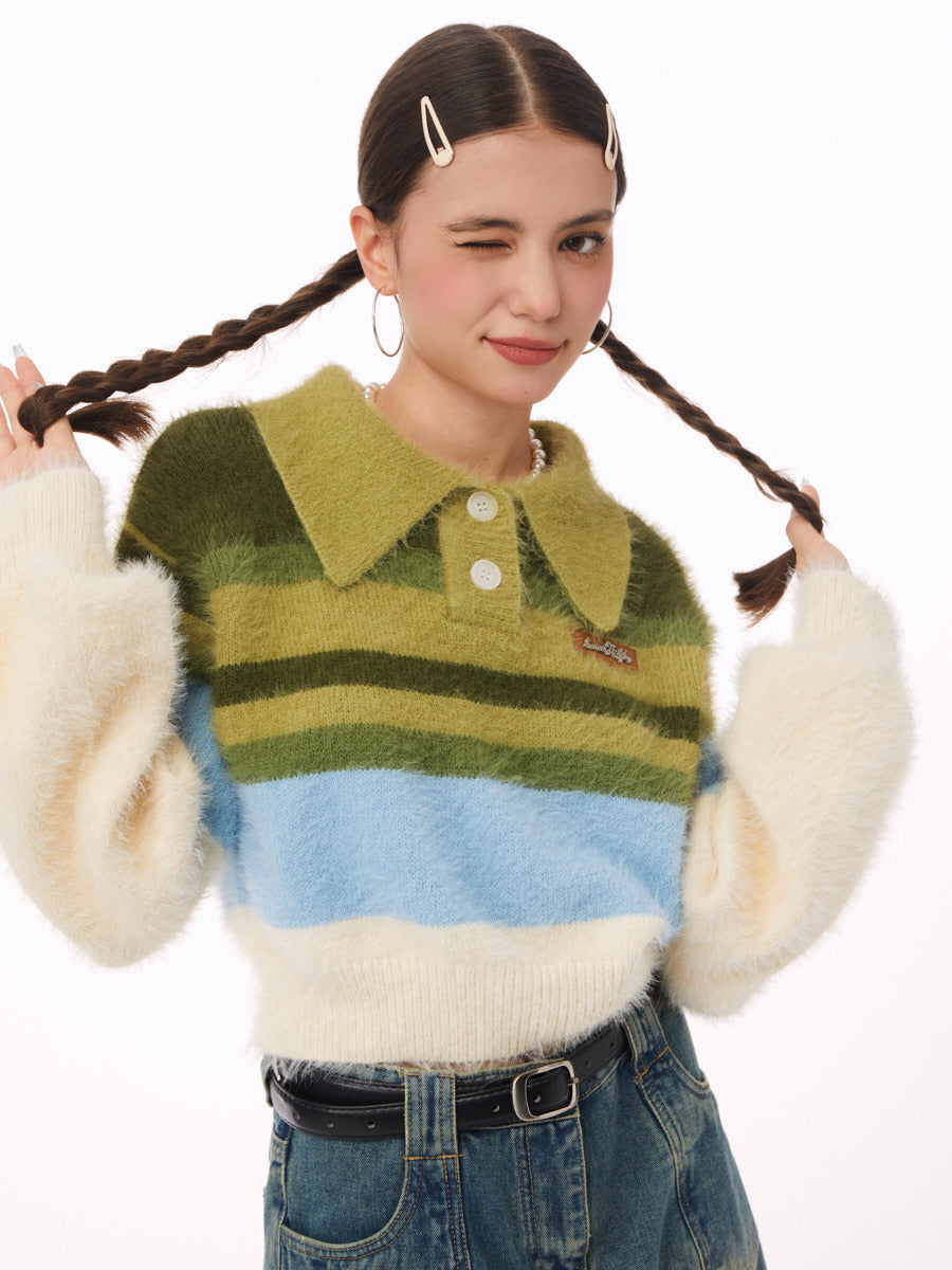 Short Style Lazy Polo Neck Stripe Sweater