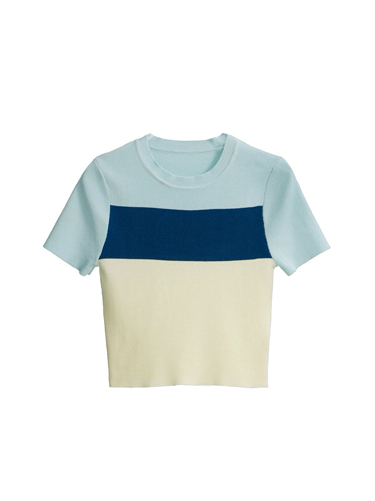 Original Design Ice Cream Contrast Fresh Stripe Backing Imitation Linen Short Sleeve Knitted T-shirt