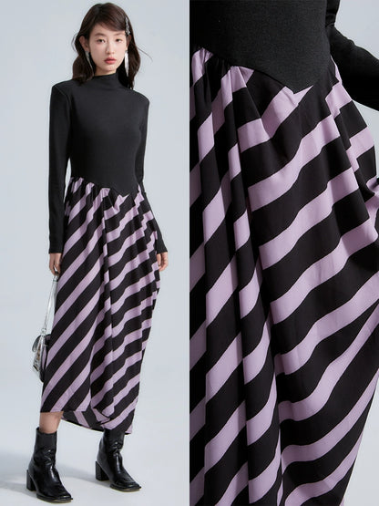 Original design by Ear Absolute Purple Grape Vintage Oblique Half High Neck Pleated Stripe Shoulder Pad Dress