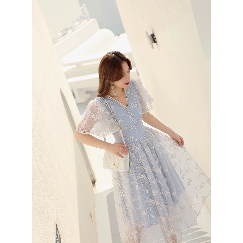 Light Blue Ice Spring Summer Style Retro V-neck Short Sleeve Lace Dress for Women