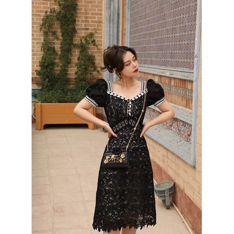 Vintage Black Lace Waist Wrap Mid-Length Dress