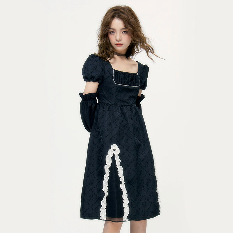 Square Neck Black Jacquard Dress