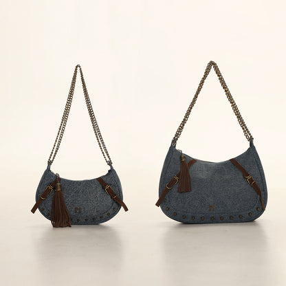 Twill Denim Studded Chain Bag