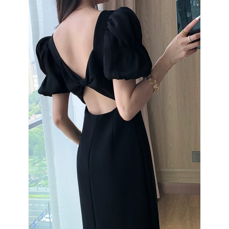 Stylish Split Neck Black Dress - Summer