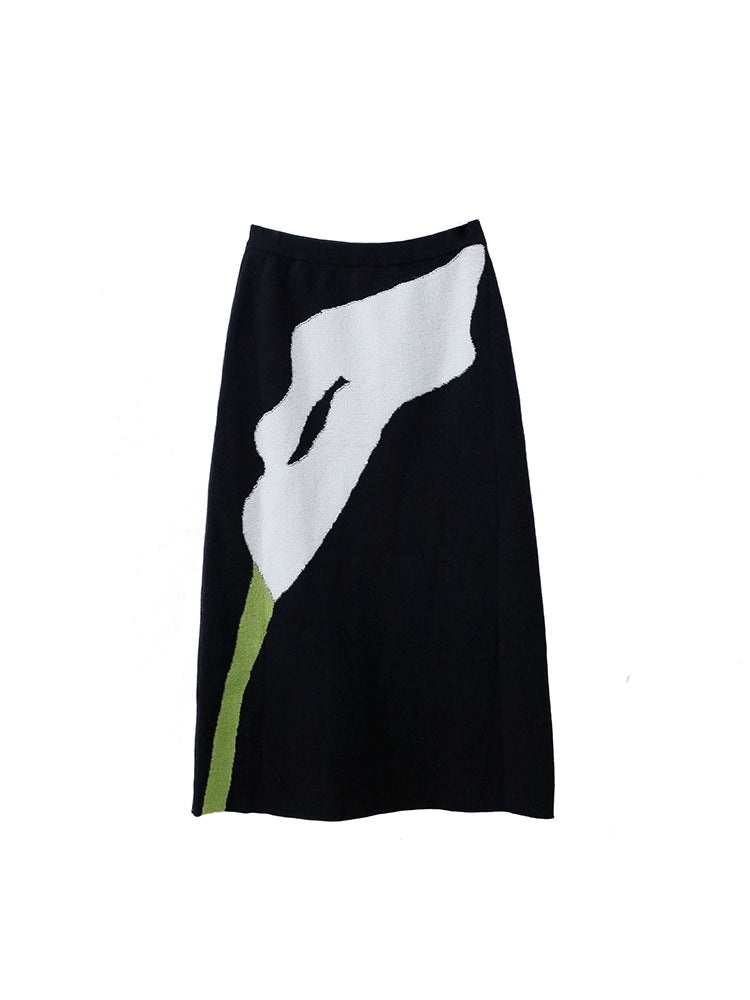 Original and niche design with ears, a brilliant retro calla lily wool woven straight tube half skirt and half skirt